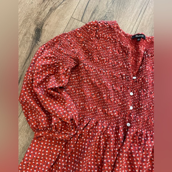 Madewell Balloon sleeve floral smocked button down red dress - Picture 3 of 5